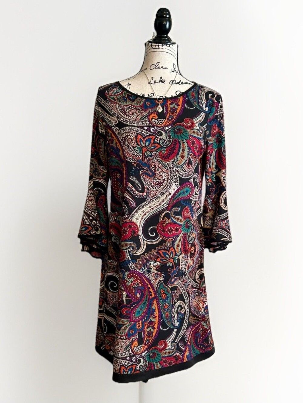 MSK Petite Womens Multicolor Mini Dress Paisley Bell Sleeve Large Hippie Boho